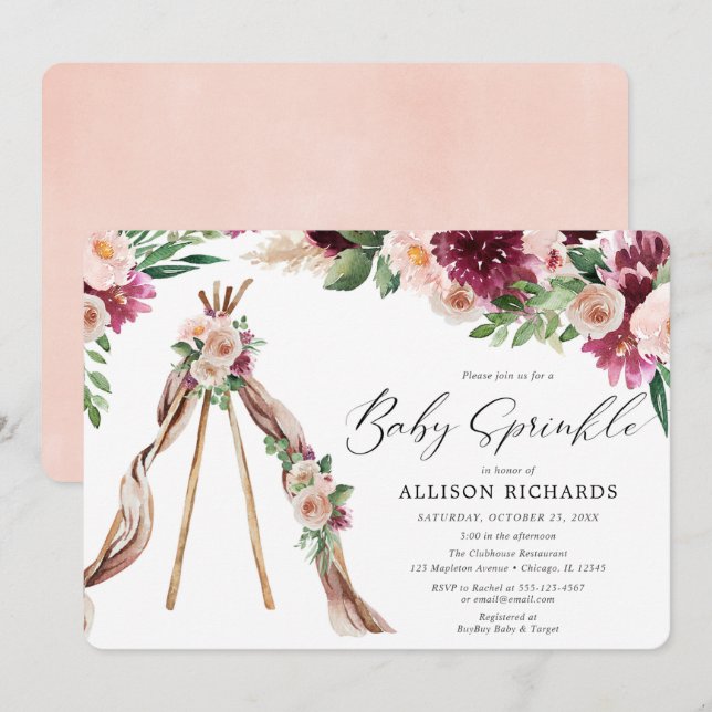 Watercolor Boho pink burgundy floral baby sprinkle Invitation (Front/Back)