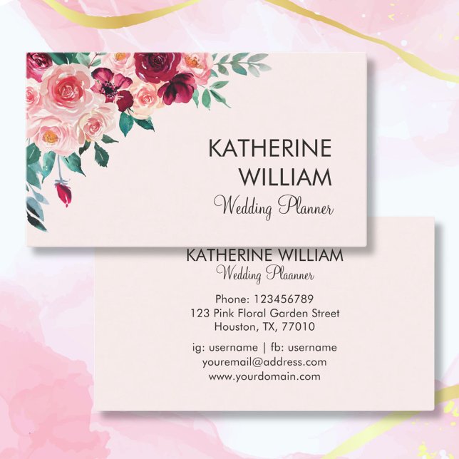 Watercolor Boho Pink Burgundy Rose Floral Business Card (Front and Back)