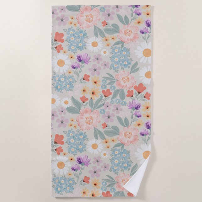 Watercolor Boho Pink Floral Beach Towel (Front)