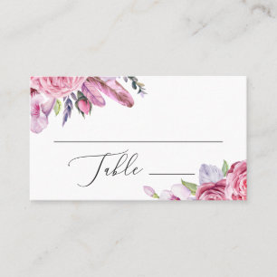Watercolor boho pink flowers and feathers wedding place card