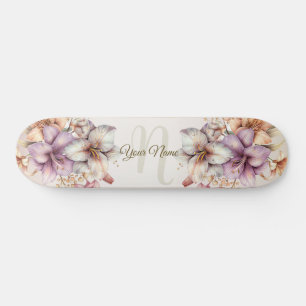 Watercolor Boho Pink Flowers Elegant Stylish Skateboard
