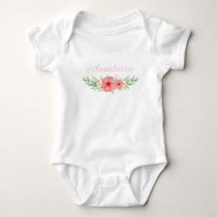 Watercolor Boho Pink & Ivory Greenery Floral Name Baby Bodysuit