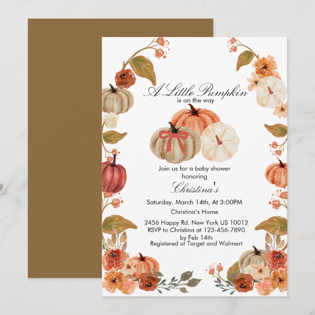 Watercolor Boho Pumpkin Babyshower Invitation (Front/Back)