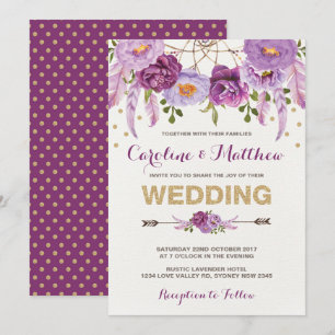 Watercolor Boho Purple Floral Wedding Invitation
