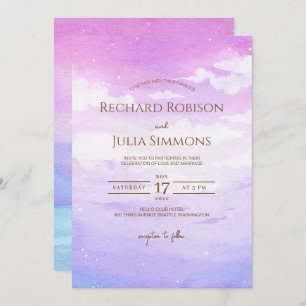 Watercolor Boho Purple Pink Sky Wedding Invitation