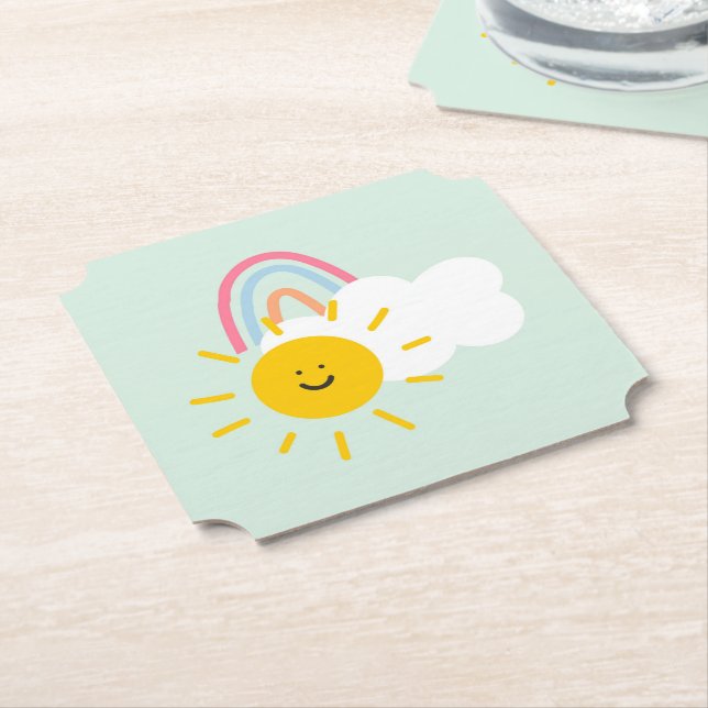 Watercolor Boho Rainbow and Sun  Paper Coaster (Angled)