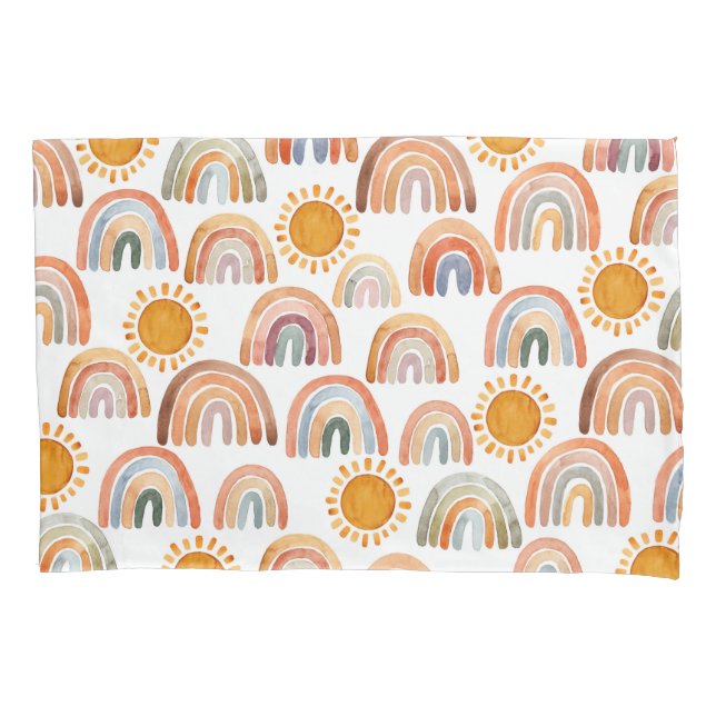 Watercolor Boho Rainbow and Sun Pillowcase (Front)