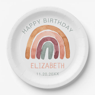 Watercolor Boho Rainbow Happy Birthday Paper Plate