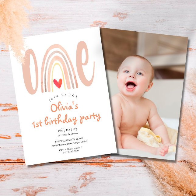 Watercolor Boho Rainbow Heart Photo 1st Birthday Invitation (Creator Uploaded)