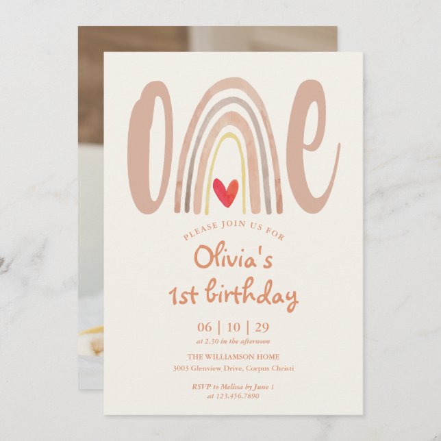 Watercolor Boho Rainbow Heart Photo 1st Birthday Invitation (Front/Back)
