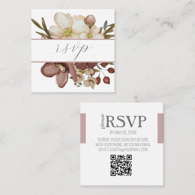 Watercolor Boho Rose & Neutral QR Code RSVP Card (Front/Back)