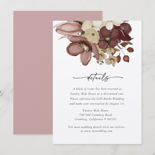 Watercolor Boho Rose & Neutral Wedd Details Card (Front/Back)
