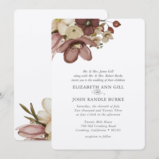 Watercolor Boho Rose & Neutral Wedding Invitation (Front/Back)