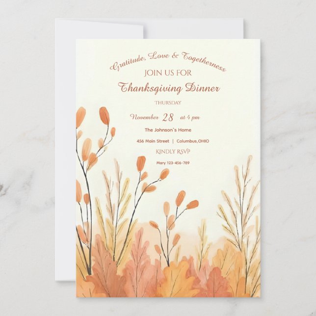 Watercolor Boho Rustic Pampas Grass Thanksgiving Invitation (Front)