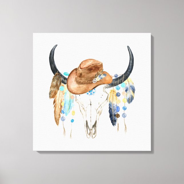 Watercolor Boho Skull and Cowboy Hat Canvas Print (Front)