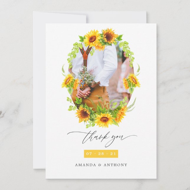 Watercolor Boho Sunflowers Wedding Photo Collage Thank You Card (Front)
