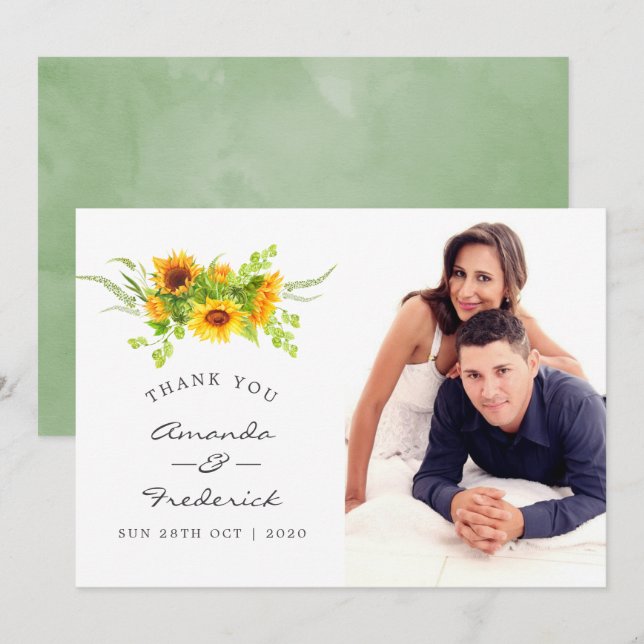 Watercolor Boho Sunflowers Wedding Thank You Invitation (Front/Back)