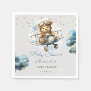 Watercolor boho teddy bear blue baby shower napkin