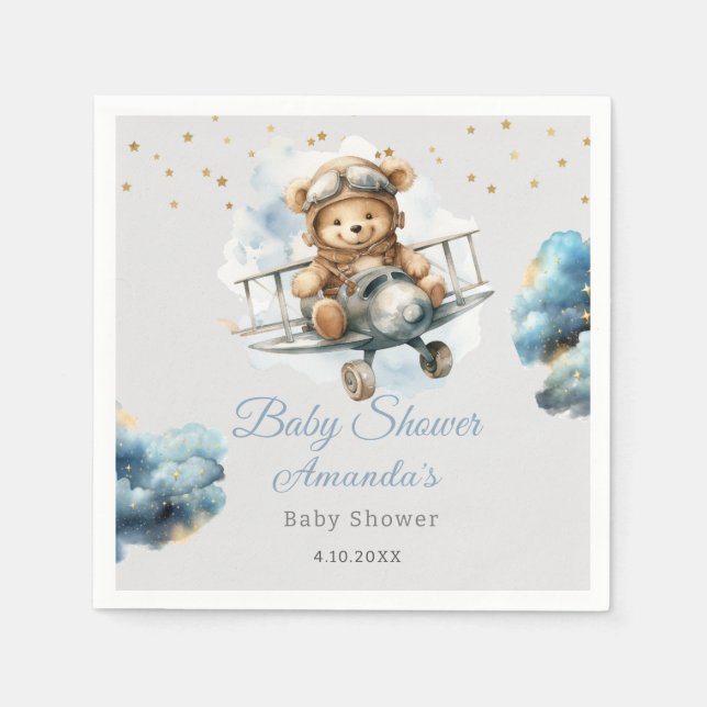 Watercolor boho teddy bear blue baby shower  napkin (Front)