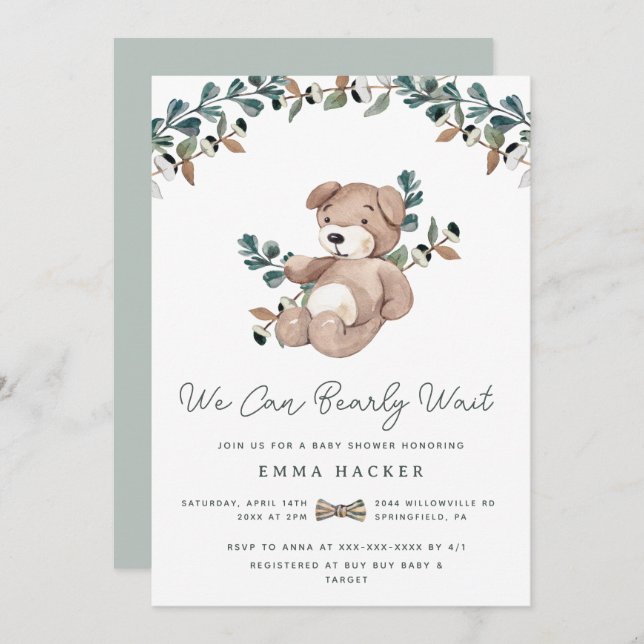Watercolor Boho Teddy Bear Greenery Baby Shower Invitation (Front/Back)