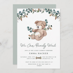 Watercolor Boho Teddy Bear Greenery Baby Shower Invitation