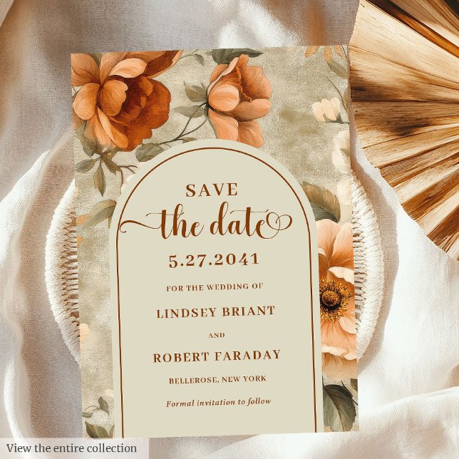 Watercolor boho terracotta sage ivory floral  invitation (Stylish Boho Burnt Orange Ivory Olive Save the Date)