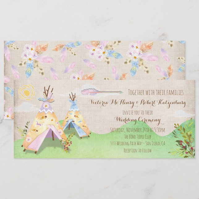 Watercolor Boho Tribal Wedding Rustic Teepee Invitation (Front/Back)