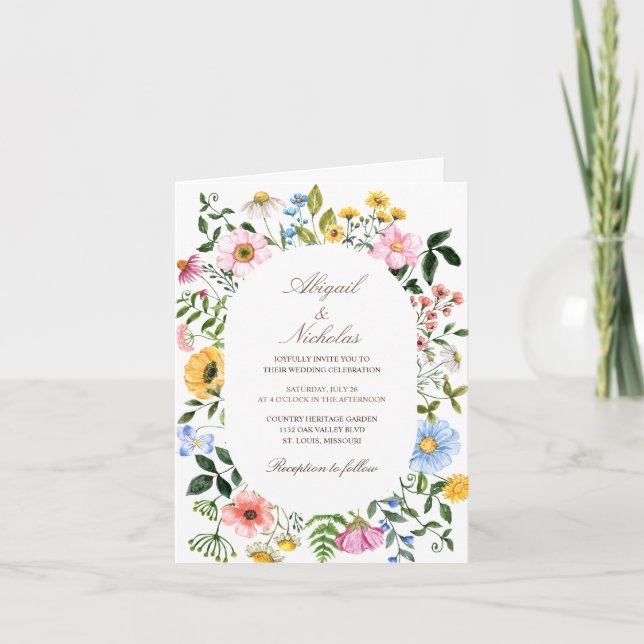 Watercolor boho wildflower Folded Invitation (Front)
