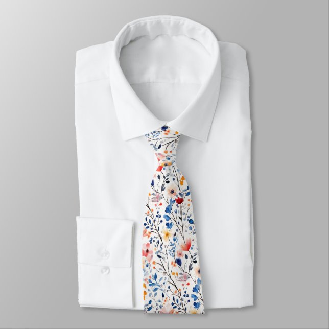Watercolor Boho Wildflowers Neck Tie (Tied)