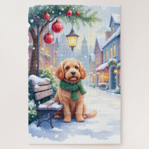 Watercolor Bolognese Festive Town Bench Christmas  Jigsaw Puzzle