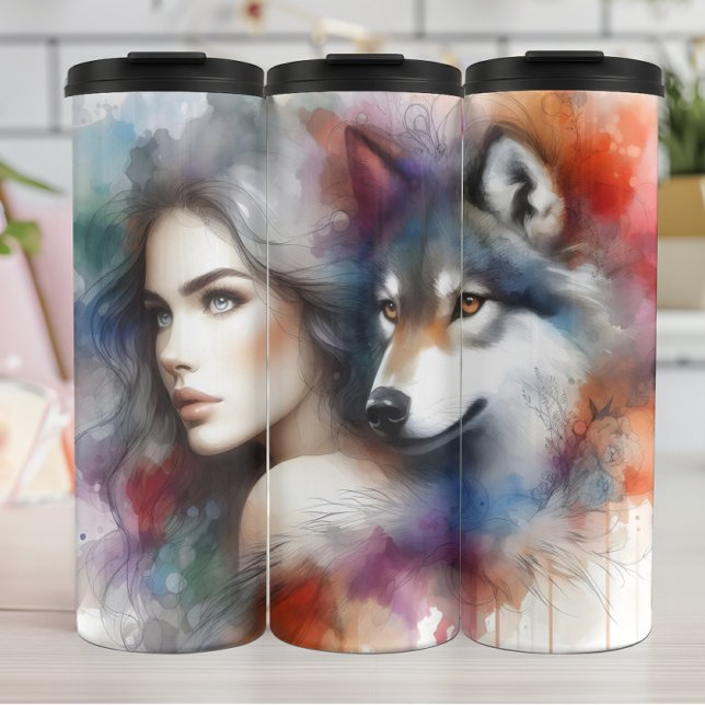Watercolor Bond: Woman and Wolf Thermal Tumbler (Creator Uploaded)