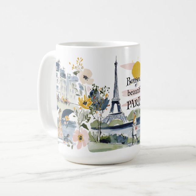 Watercolor Bonjour Beautiful Paris Coffee Mug (Front Left)