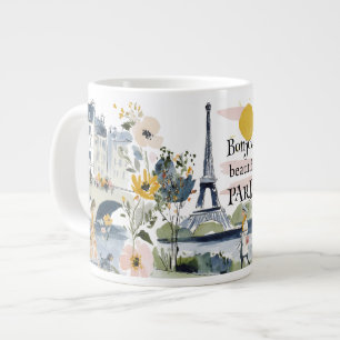 Watercolor Bonjour Beautiful Paris Large Coffee Mug