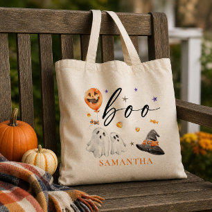 Watercolor BOO Ghost Halloween Trick or Treat Tote Bag