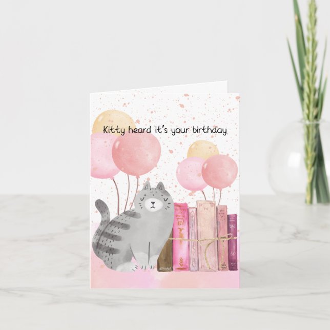 Watercolor Book Lover Cat and Books Birthday Card  (Front)