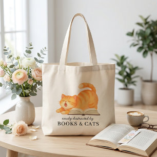 Watercolor Bookish Ginger Cat Funny Reader Saying Large Tote Bag