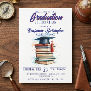 Watercolor Books and Cap Graduation Celebration Invitation