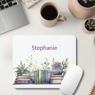 Watercolor Books and Plants Personalised Mouse Mat