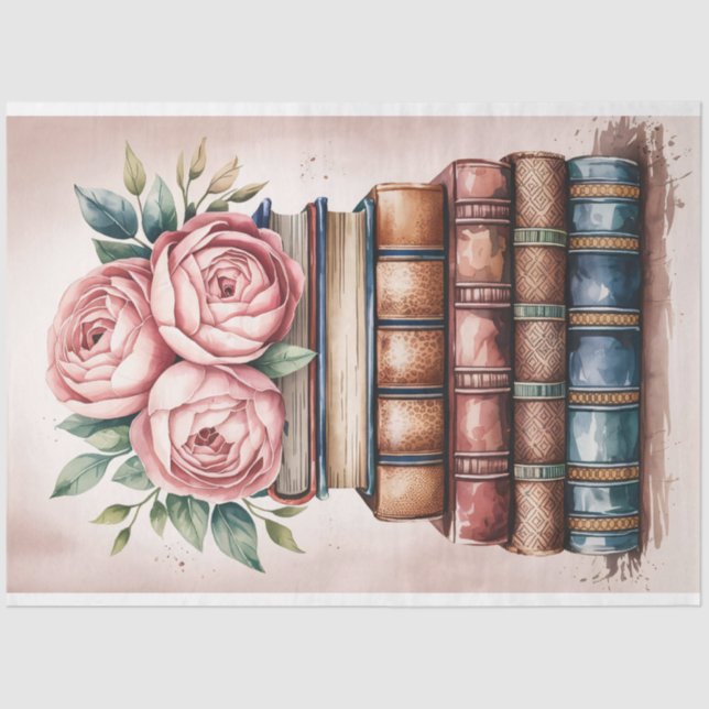 Watercolor Books and Roses Decoupage Tissue Paper (Front)