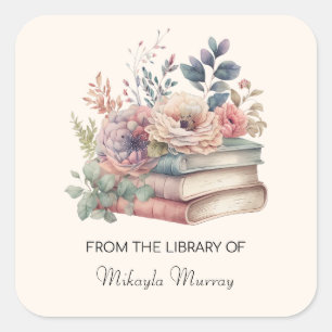 Watercolor Books & Flowers Personalised Bookplates Square Sticker