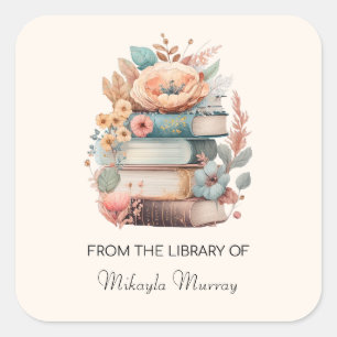 Watercolor Books & Flowers Personalised Bookplates Square Sticker