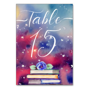 Watercolor Books Purple & Pink Whimsical Wedding Table Number
