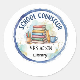 Watercolor Books School Counsellor Sign Editable Classic Round Sticker