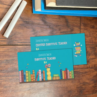 Watercolor Books Sub Teacher Teal Business Card