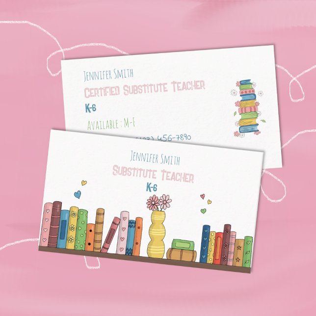 Watercolor Books Substitute Teacher Business Cards (Watercolor books elementary school substitute teacher white double-sided business cards .)