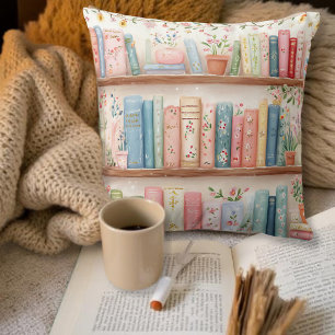 Watercolor Bookshelf Floral Book Lover Cushion