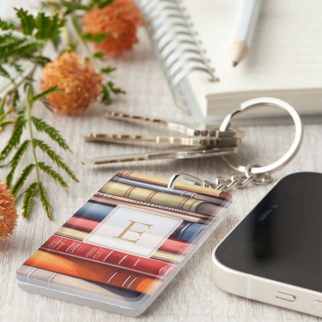 Watercolor Bookstack Reading Lover Monogram  Key Ring (Front Right)