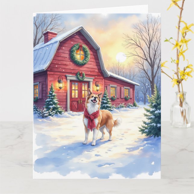 Watercolor Border Collie Country Barn Christmas Card (Yellow Flower)