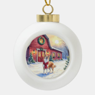 Watercolor Border Collie Country Barn Christmas Ceramic Ball Christmas Ornament