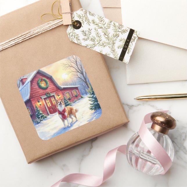 Watercolor Border Collie Country Barn Christmas Square Sticker (Gifting)
